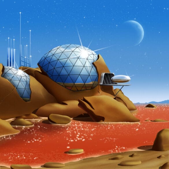 a cartoon of a planet with a red planet and a moon