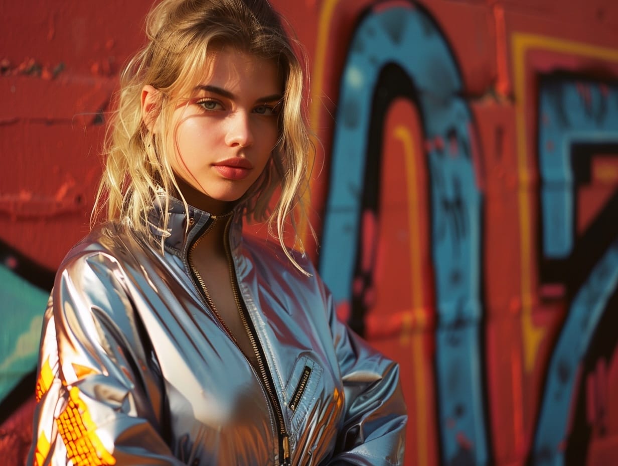 A photograph of a 20-year-old female recording artist, trendy streetwear, posing confidently in front of a graffiti wall, in a vibrant urban setting. The colorful graffiti contrasts with her outfit, harsh shadows, and dynamic composition. Created Using: 35mm lens, urban street art, strong contrast, edgy look, direct gaze, high energy, bold colors, glibatree prompt, contemporary vibe, visually striking