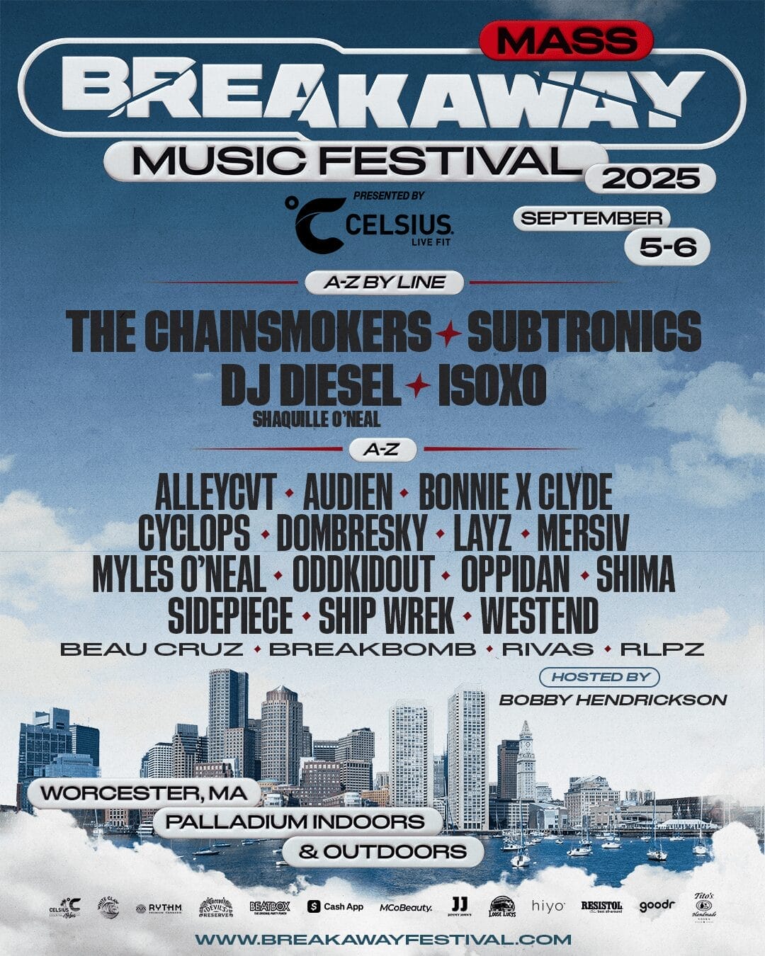 BREAKAWAY MUSIC FESTIVAL PRESENTED BY CELSIUS RETURNS TO WORCESTER WITH A MASSIVE LINEUP FEATURING THE CHAINSMOKERS, SUBTRONICS, DJ DIESEL & ISOXO